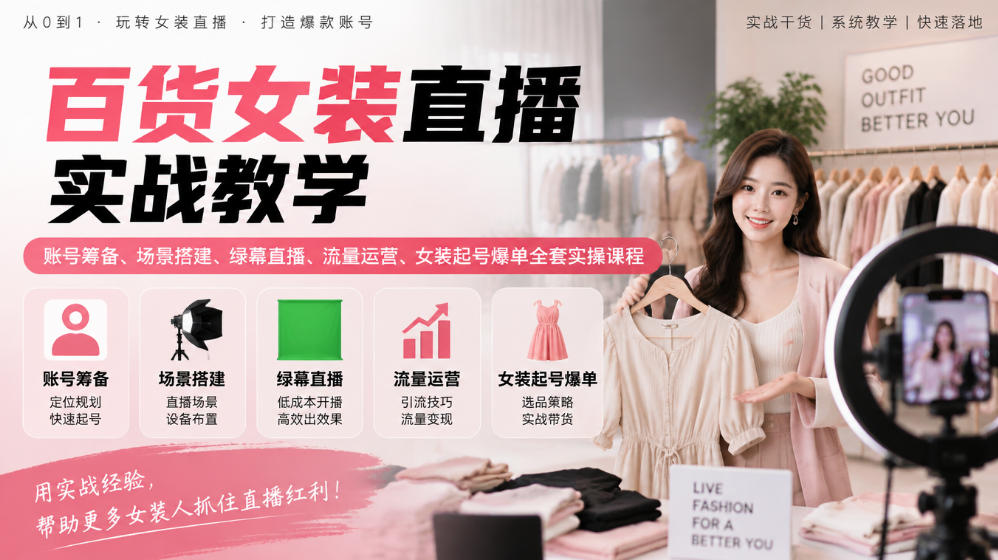 百货女装直播实战教学｜账号筹备、场景搭建、绿幕直播、流量运营、女装起号爆单全套实操课程-宣源知识学堂