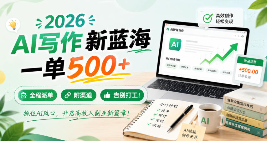 2026 AI写作新蓝海，一单500+，全程派单，附渠道，告别打工！【揭秘】-宣源知识学堂