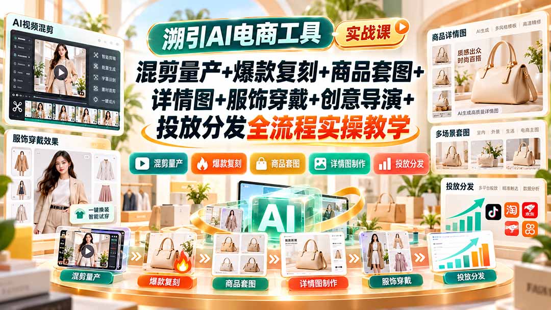 溯引AI电商工具实战课:混剪量产+爆款复刻+商品套图+详情图+服饰穿戴+创意导演+投放分发全流程实操教学-宣源知识学堂