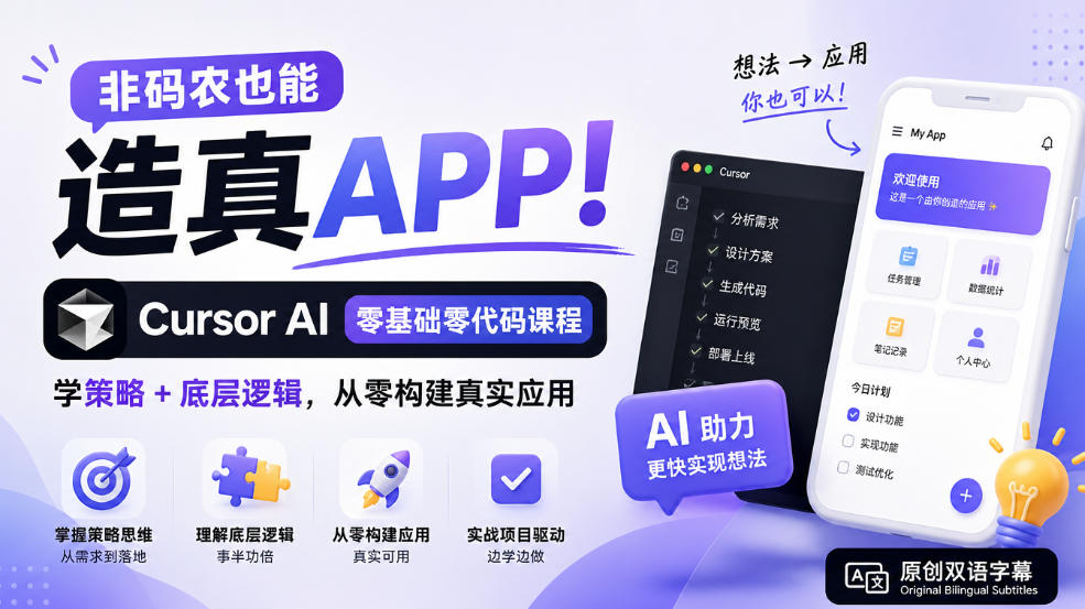 非码农也能造真APP！Cursor AI零基础零代码课程：学策略+底层逻辑，从零构建真实应用【原创双语字幕】-宣源知识学堂
