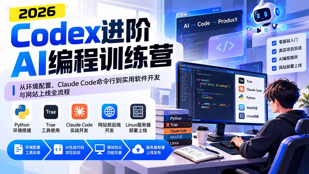 Codex进阶AI编程训练营:从环境配置、Claude Code命令行到实用软件开发与网站上线全流程-宣源知识学堂