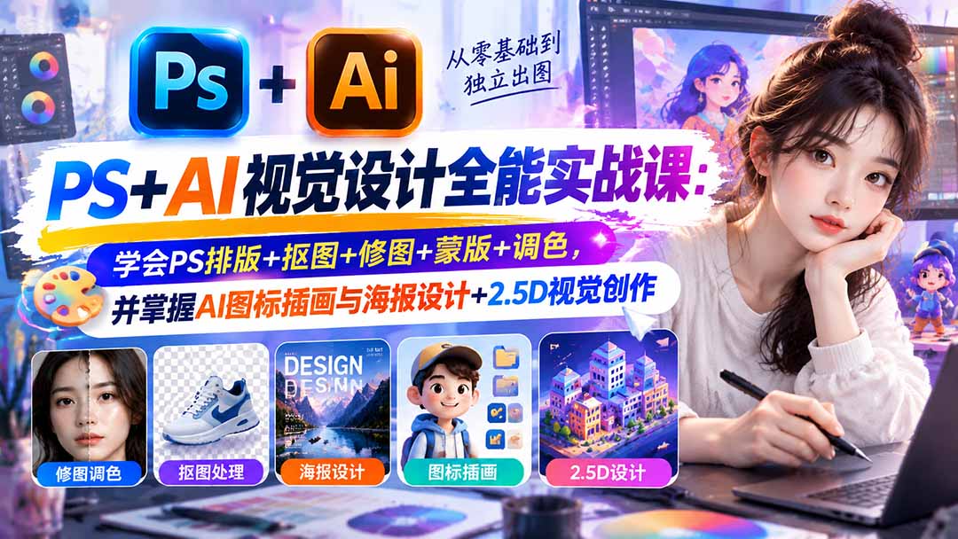 【无水印】PS+AI视觉设计全能实战课：学会PS排版+抠图+修图+蒙版+调色，并掌握AI图标插画与海报设计+2.5D视觉创作-宣源知识学堂