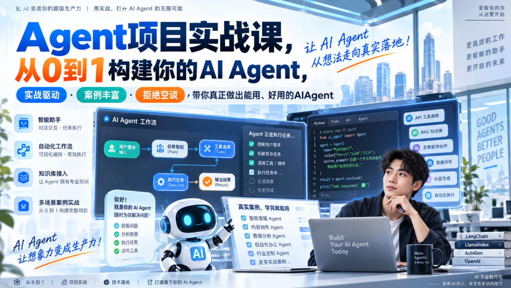 Agent项目实战课，从0到1构建你的AI Agent，实战驱动·案例丰富·拒绝空谈，带你真正做出能用、好用的AIAgent-宣源知识学堂