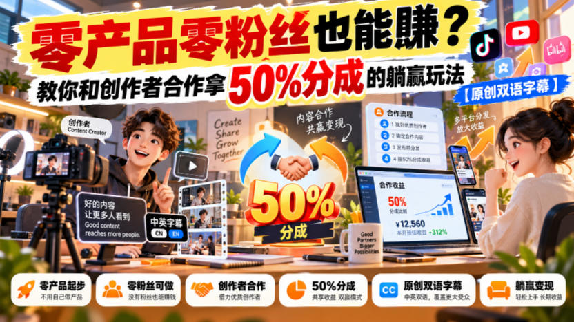 【无水印】零产品零粉丝也能賺？教你和创作者合作拿50%分成的躺赢玩法【原创双语字幕】-宣源知识学堂