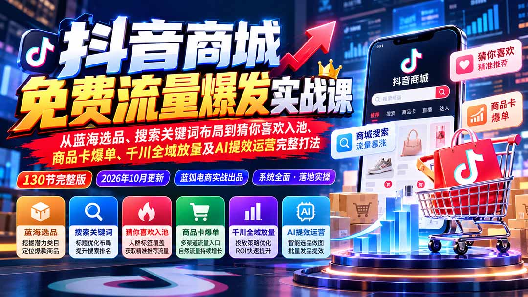 抖音商城免费流量爆发实战：从蓝海选品、搜索关键词布局到猜你喜欢入池、商品卡爆单、千川全域放量及AI提效完整打法-宣源知识学堂