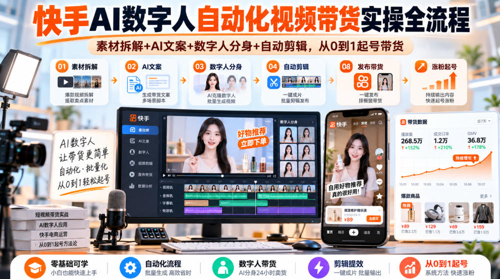 快手AI数字人自动化视频带货实操全流程｜素材拆解+AI文案+数字人分身+自动剪辑，从0到1起号带货(更新26年)-宣源知识学堂