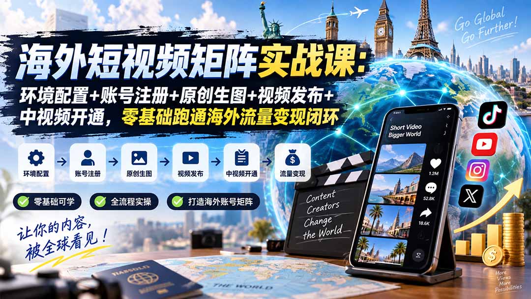 海外短视频矩阵实战课:环境配置+账号注册+原创生图+视频发布+中视频开通,零基础跑通海外流量变现闭环-宣源知识学堂