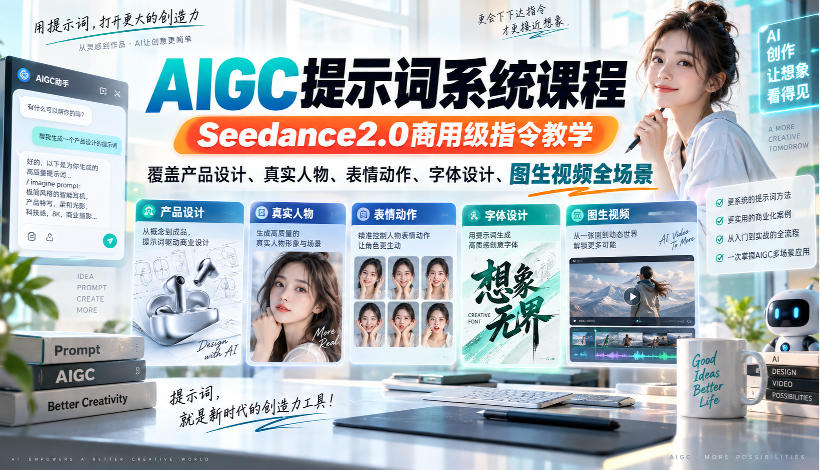 AIGC提示词系统课程，Seedance2.0商用级指令教学，覆盖产品设计、真实人物、表情动作、字体设计、图生视频全场景-宣源知识学堂