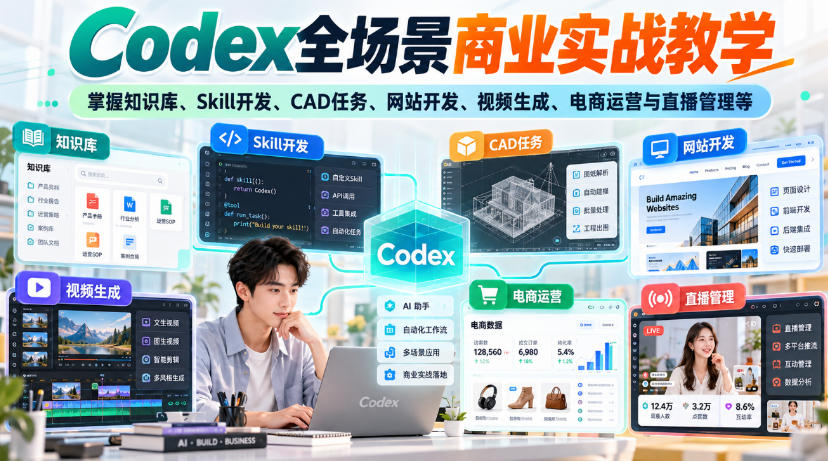【无水印】Codex全场景商业实战教学，掌握知识库、Skill开发、CAD任务、网站开发、视频生成、电商运营与直播管理等-宣源知识学堂
