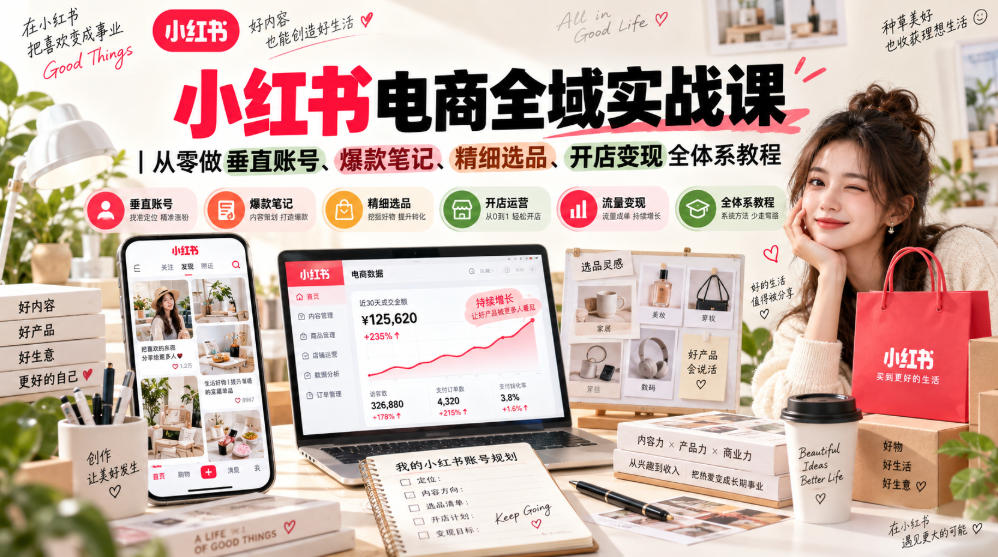 小红书电商全域实战课｜从零做垂直账号、爆款笔记、精细选品、开店变现全体系教程-宣源知识学堂