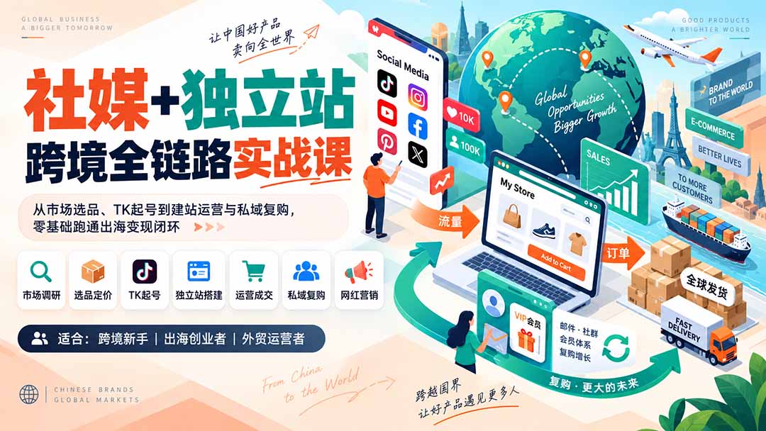 社媒+独立站跨境全链路实战课:从市场选品、TK起号到建站运营与私域复购,零基础跑通出海变现闭环-宣源知识学堂