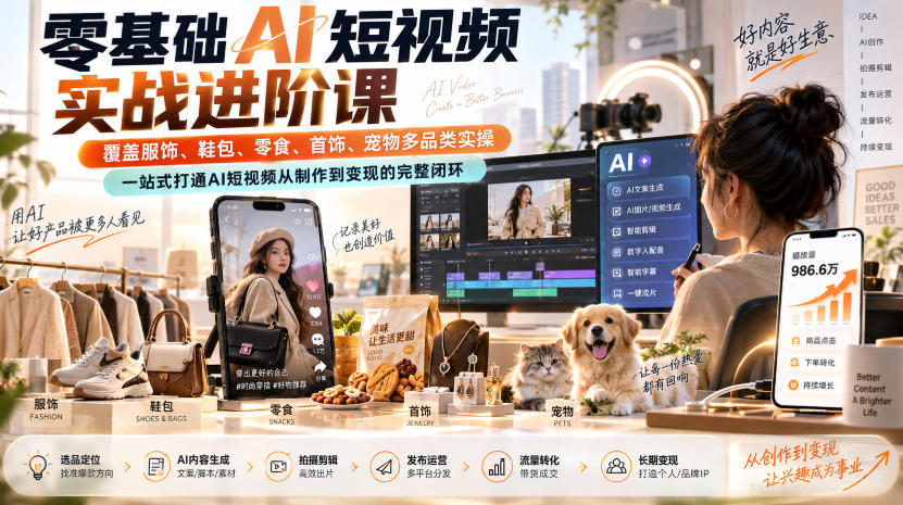 零基础AI短视频实战进阶课，覆盖服饰、鞋包、零食、首饰、宠物多品类实操，一站式打通AI短视频从制作到变现的完整闭环-宣源知识学堂