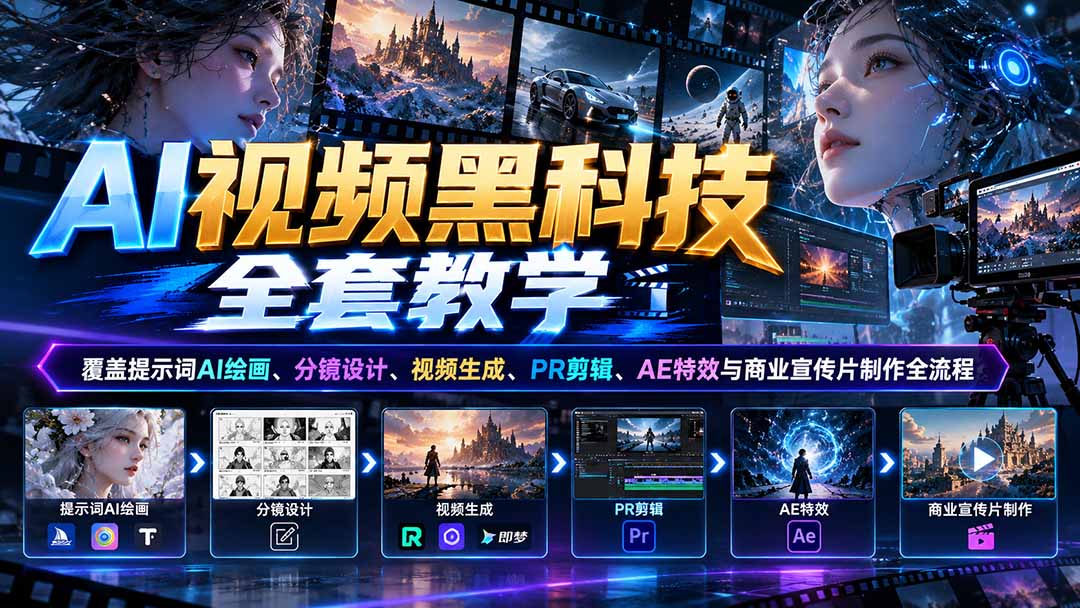 AI视频黑科技全套教学：覆盖提示词AI绘画、分镜设计、视频生成、PR剪辑、AE特效与商业宣传片制作全流程-宣源知识学堂