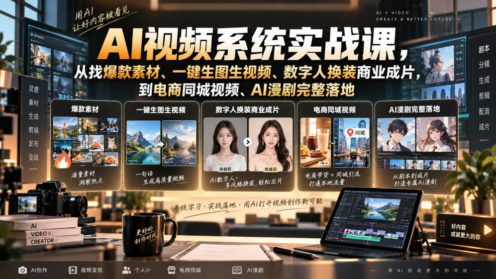 AI视频系统实战课，从找爆款素材、一键生图生视频、数字人换装商业成片，到电商同城视频、AI漫剧完整落地-宣源知识学堂