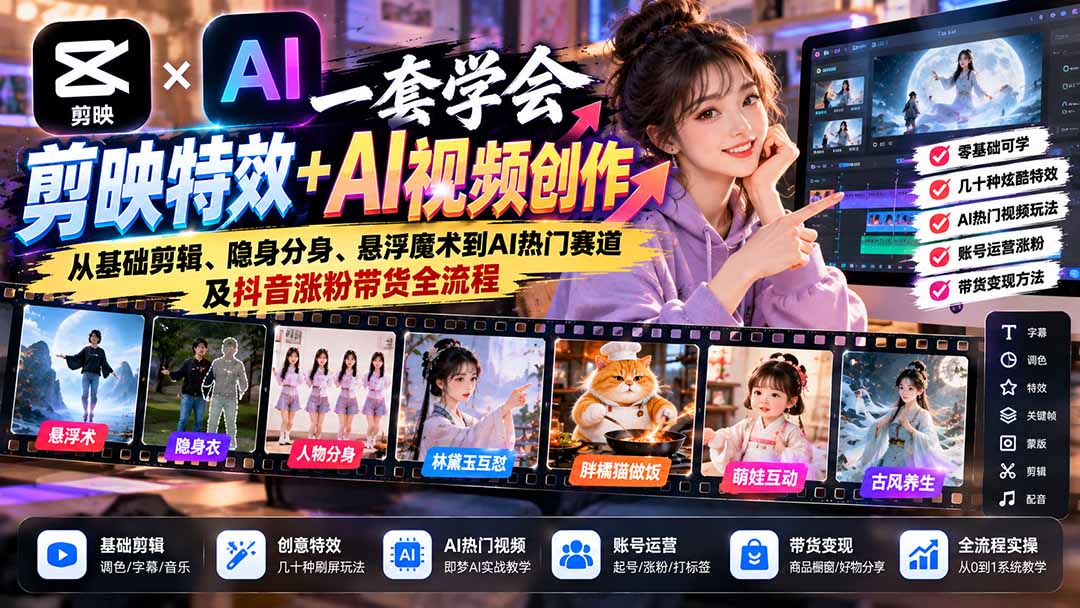 一套学会剪映特效+AI视频创作：从基础剪辑、隐身分身、悬浮魔术到AI热门赛道及抖音涨粉带货全流程-宣源知识学堂