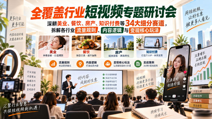 短视频专题研讨会，深耕美业、餐饮、房产、知识付费等34大细分赛道，拆解各行业流量规则、内容逻辑与变现核心玩法(更新1011)-宣源知识学堂
