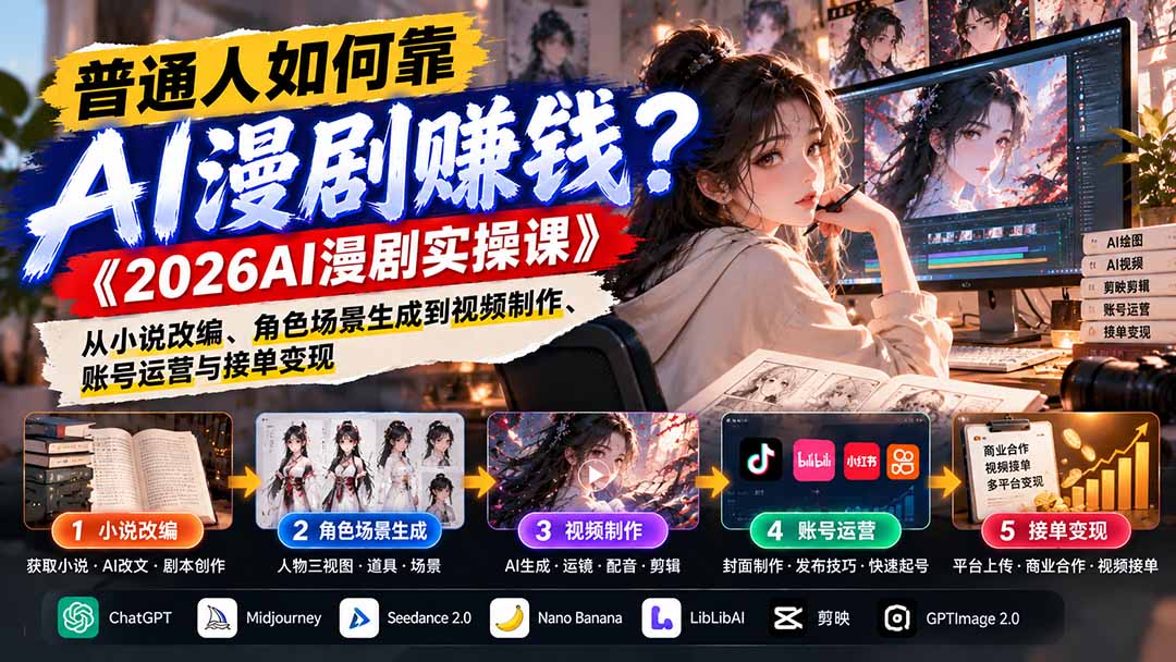 普通人如何靠AI漫剧赚钱？《2026AI漫剧实操课》从小说改编、角色场景生成到视频制作、账号运营与接单变现-宣源知识学堂