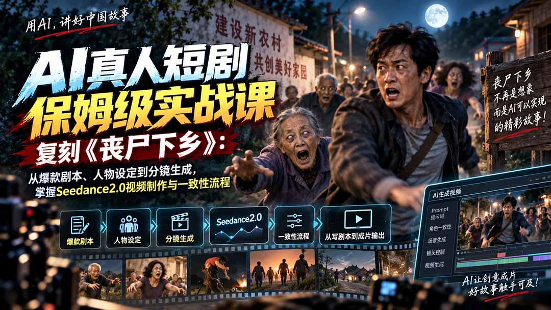 AI真人短剧保姆级实战课，复刻《丧尸下乡》：从爆款剧本、人物设定到分镜生成，掌握Seedance2.0视频制作与一致性流程-宣源知识学堂