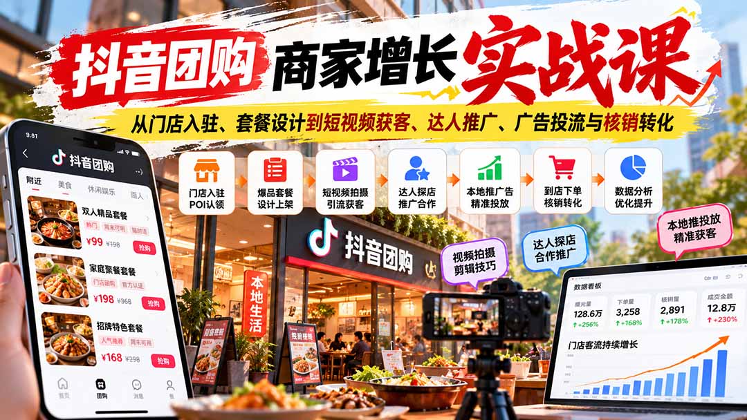 抖音团购商家增长实战课：从门店入驻、套餐设计到短视频获客、达人推广、广告投流与核销转化-宣源知识学堂