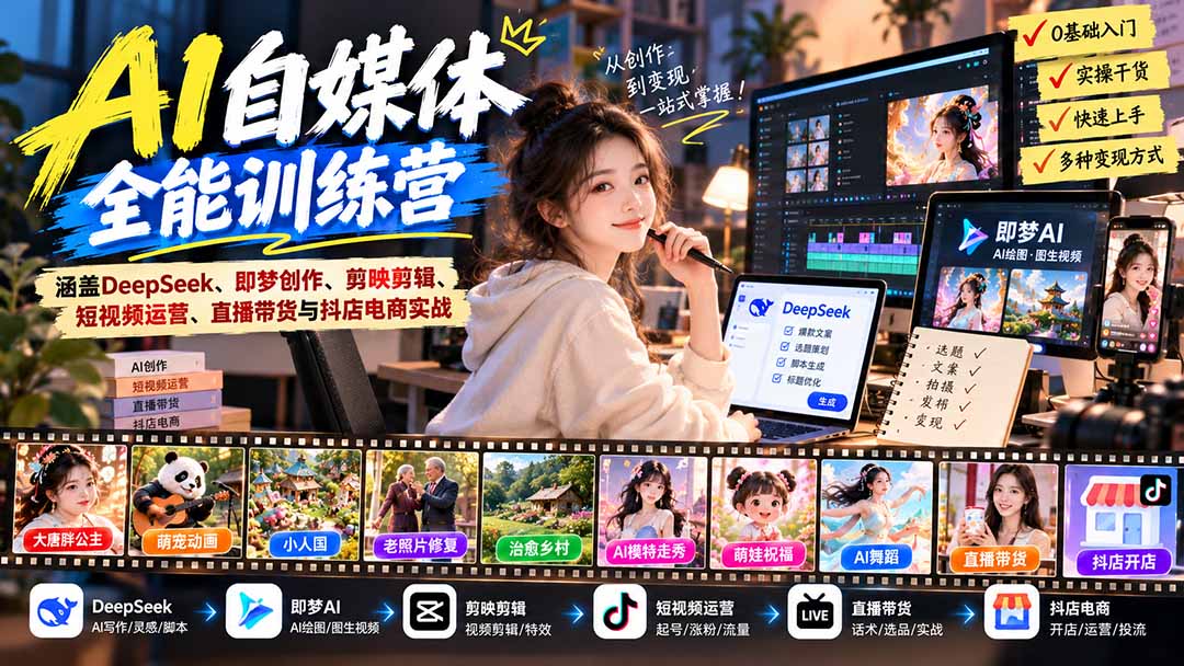 【无水印】AI+自媒体全能训练营：涵盖DeepSeek、即梦创作、剪映剪辑、短视频运营、直播带货与抖店电商实战-宣源知识学堂