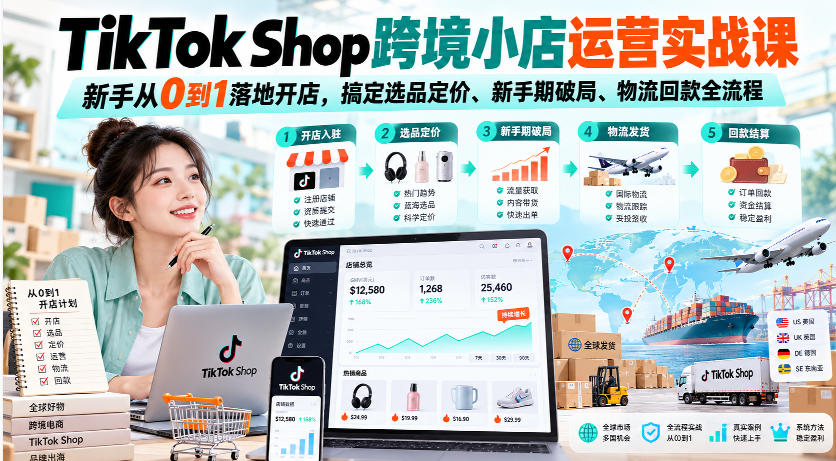 TikTok Shop跨境小店运营实战课，新手从0到1落地开店，搞定选品定价、新手期破局、物流回款全流程-宣源知识学堂