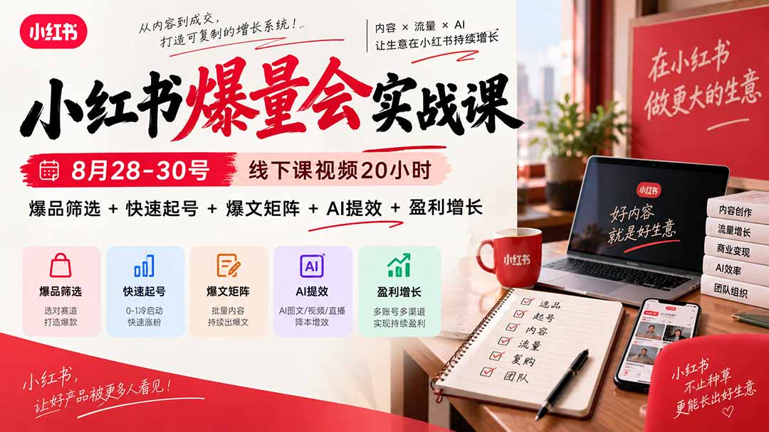 小红书爆量会实战课：8月28-30号线下课视频20小时，爆品筛选+快速起号+爆文矩阵+AI提效+盈利增长-宣源知识学堂