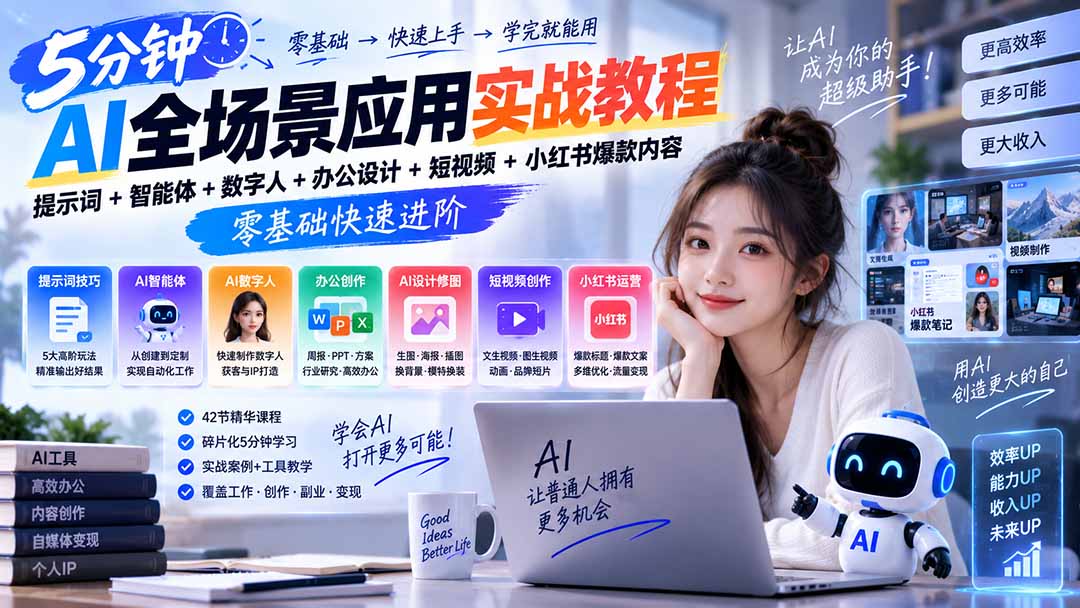 AI全场景应用实战教程|提示词+智能体+数字人+办公设计+短视频+小红书爆款内容,零基础快速进阶-宣源知识学堂