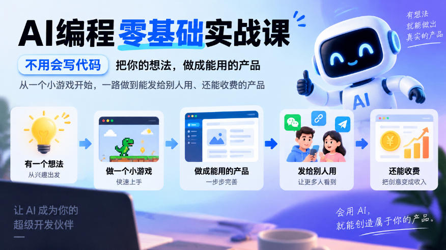 AI编程零基础实战课，不用会写代码，把你的想法，做成能用的产品，从一个小游戏开始，一路做到能发给别人用、还能收费的产品-宣源知识学堂