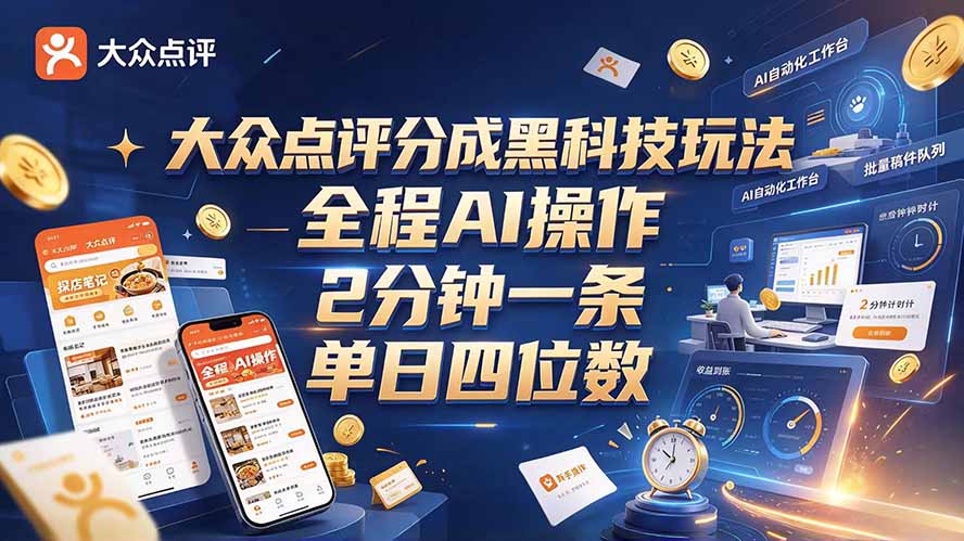 大众点评分成全网独家玩法，AI 全自动出内容，2 分钟一条，小白可冲单日四位数-宣源知识学堂