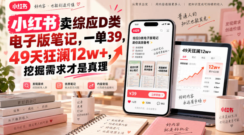 小红书卖综应D类电子版笔记，一单39，49天狂澜12w+，挖掘需求才是真理-宣源知识学堂