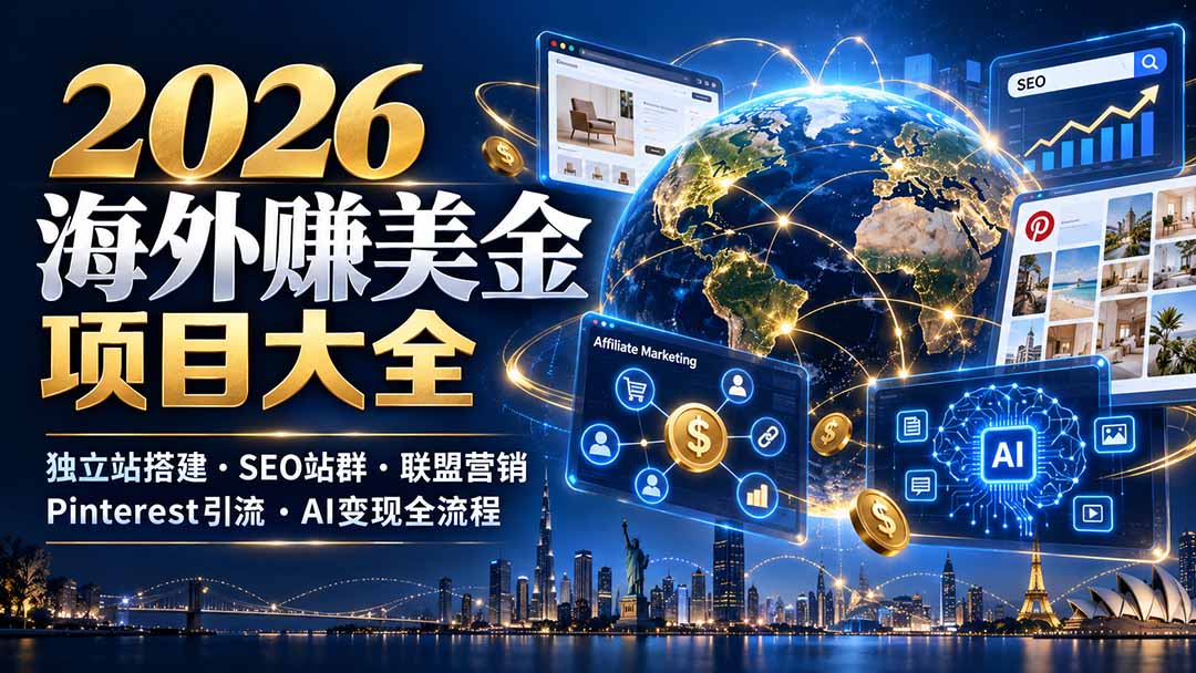 2026海外赚美金项目大全：独立站搭建、SEO站群、联盟营销、Pinterest引流与AI变现全流程-宣源知识学堂