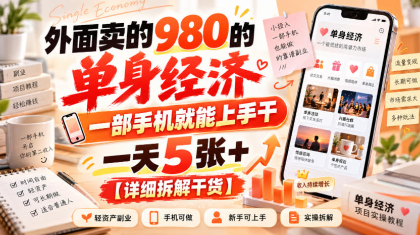 外面卖的980的单身经济，一部手机就能上手干，一天5张+【详细拆解干货】-宣源知识学堂