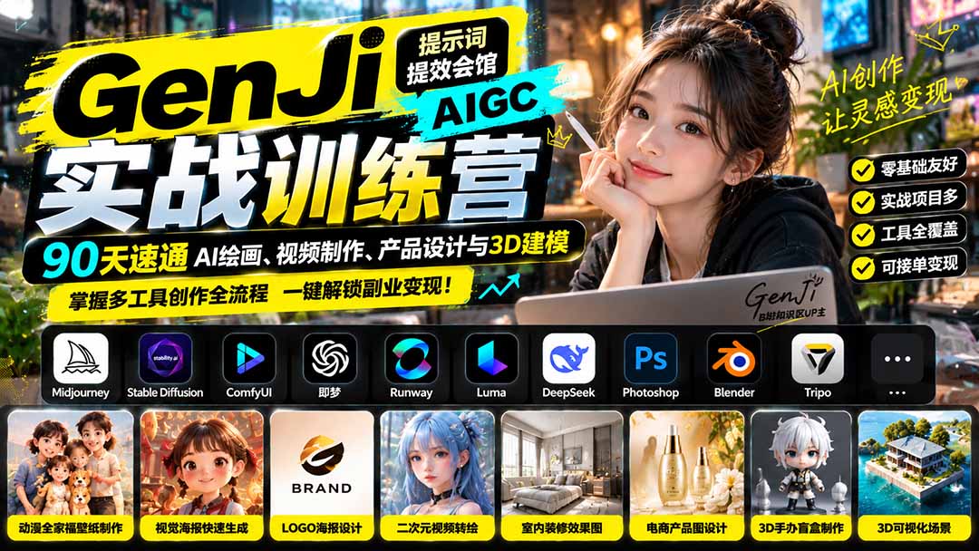 GenJi AIGC实战训练营:90天速通AI绘画、视频制作、产品设计与3D建模,掌握多工具创作全流程-宣源知识学堂