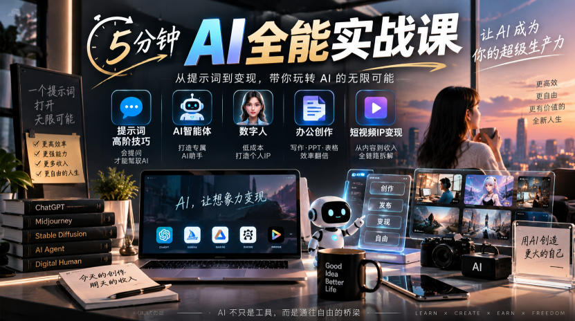 5分钟AI全能实战课｜提示词高阶技巧+AI智能体+数字人+办公创作+短视频IP变现全教程-宣源知识学堂