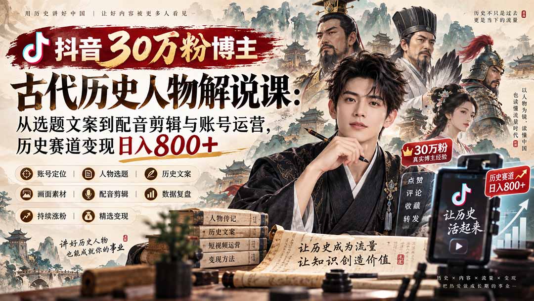 抖音30万粉博主古代历史人物解说课：从选题文案到配音剪辑与账号运营，历史赛道变现日入800+-宣源知识学堂