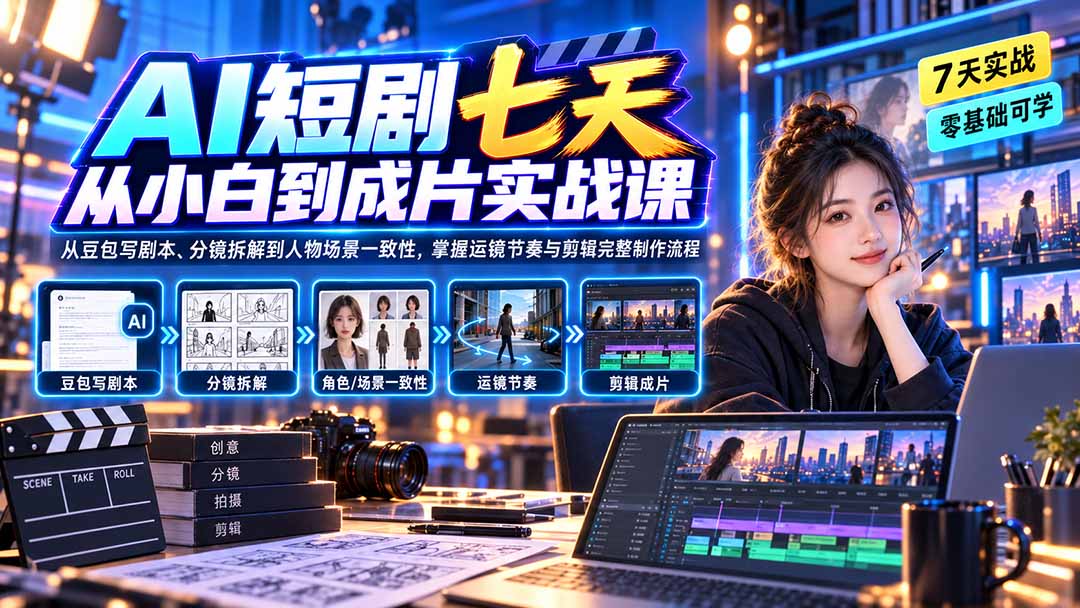 AI短剧七天从小白到成片实战课:从豆包写剧本、分镜拆解到人物场景一致性,掌握运镜节奏与剪辑完整制作流程-宣源知识学堂
