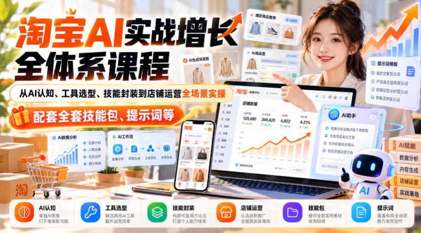 淘宝AI实战增长全体系课程，从AI认知、工具选型、技能封装到店铺运营全场景实操，配套全套技能包、提示词等-宣源知识学堂