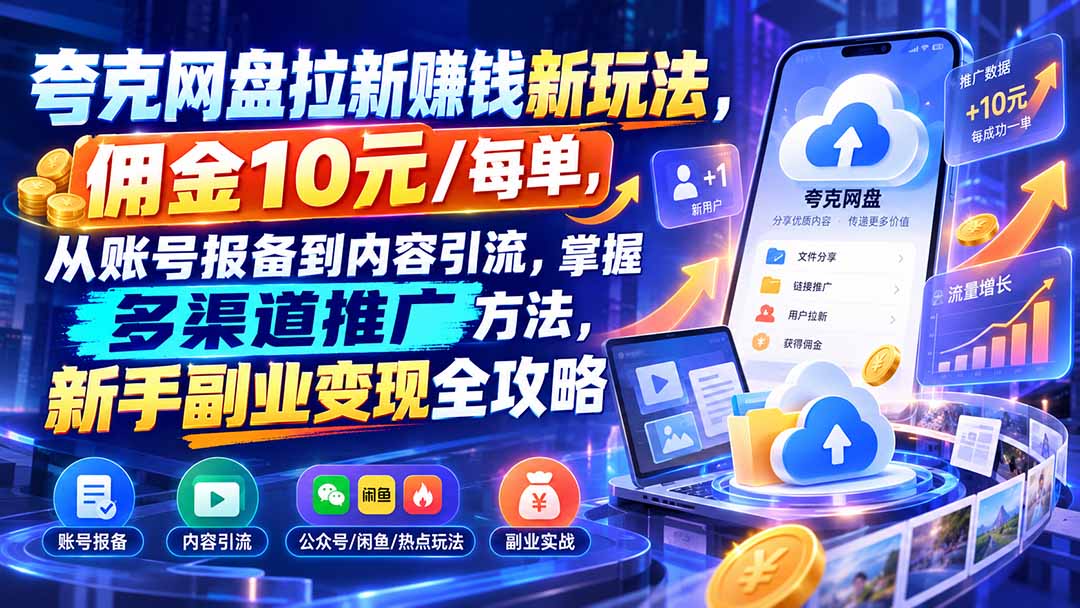 夸克网盘拉新赚钱新玩法，佣金10元/每单，从账号报备到内容引流，掌握多渠道推广方法，新手副业变现全攻略-宣源知识学堂
