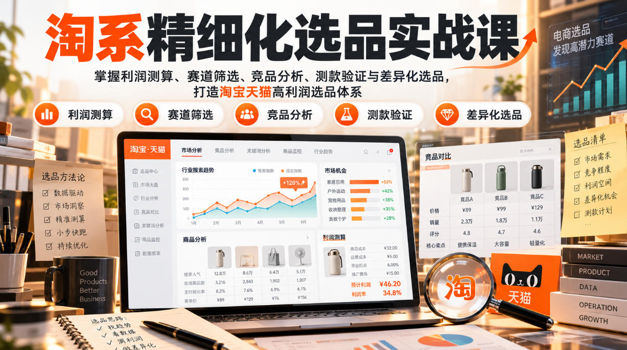 货架电商精细化选品实战课：掌握利润测算、赛道筛选、竞品分析、测款验证与差异化选品，打造淘宝天猫高利润选品体系-宣源知识学堂