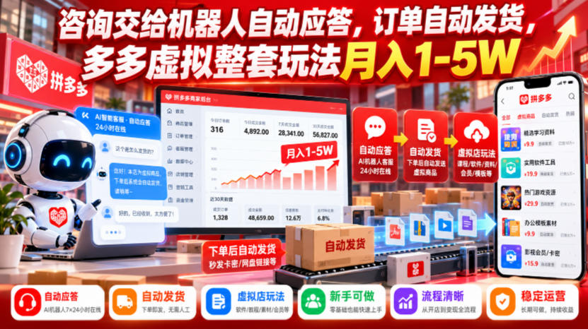 咨询交给机器人自动应答，订单自动发货，多多虚拟整套玩法月入1-5W【揭秘】-宣源知识学堂