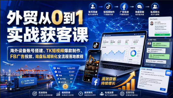外贸从0到1实战获客课｜海外设备账号搭建、TK短视频爆款制作、FB广告投放、询盘私域转化全流程落地教程-宣源知识学堂