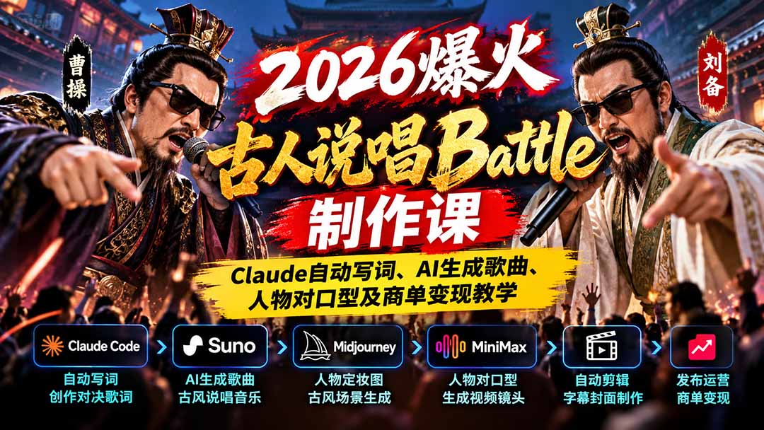 2026爆火古人说唱Battle制作课:Claude自动写词、AI生成歌曲、人物对口型及商单变现教学-宣源知识学堂