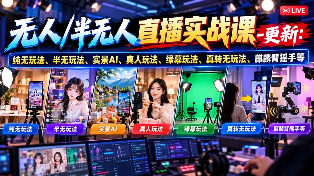 无人/半无人直播实战课-10月20更新：纯无玩法、半无玩法、实景AI、真人玩法、绿幕玩法、真转无玩法、麒麟臂摇手等-宣源知识学堂