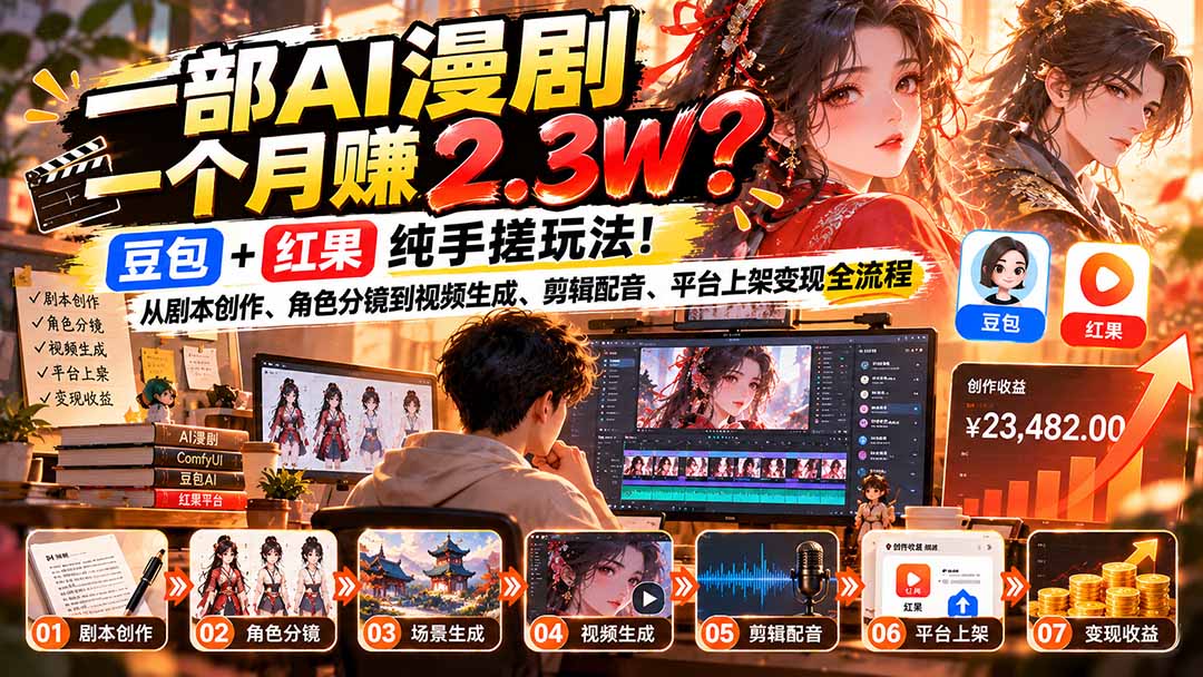一部AI漫剧一个月赚2.3W？豆包+红果纯手搓玩法！从剧本创作、角色分镜到视频生成、剪辑配音、平台上架变现全流程-宣源知识学堂