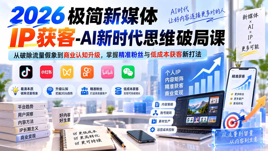 2026极简新媒体IP获客-AI新时代思维破局课:从破除流量假象到商业认知升级,掌握精准粉丝与低成本获客新打法-宣源知识学堂
