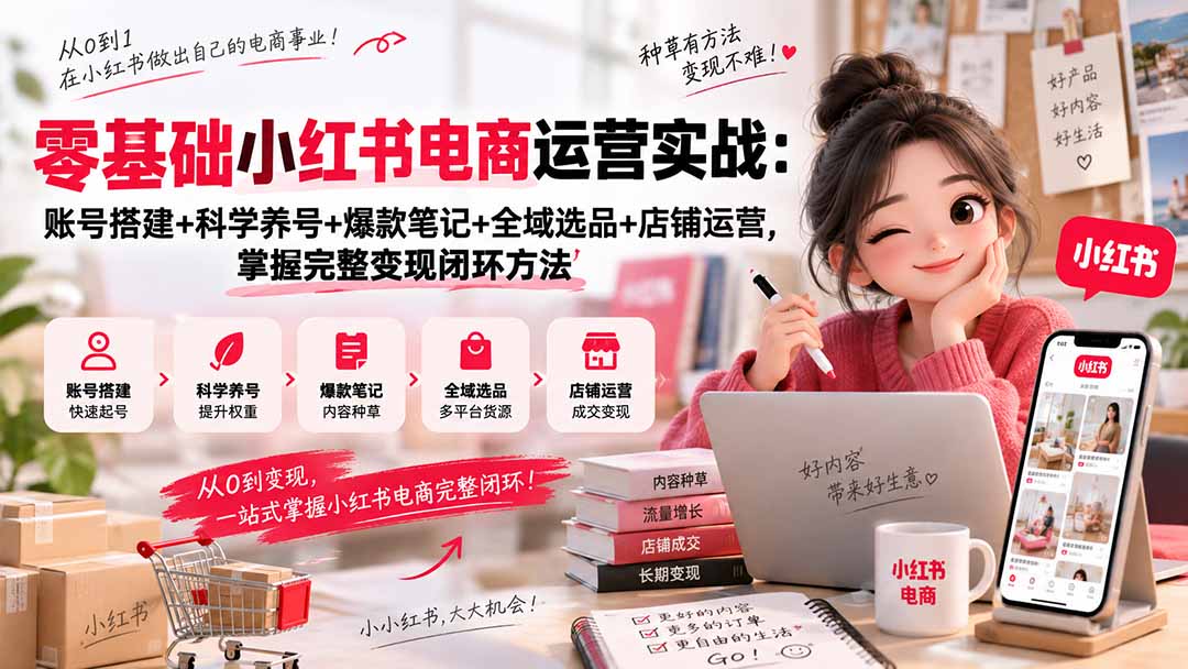 零基础小红书电商运营实战:账号搭建+科学养号+爆款笔记+全域选品+店铺运营,掌握完整变现闭环方法-宣源知识学堂