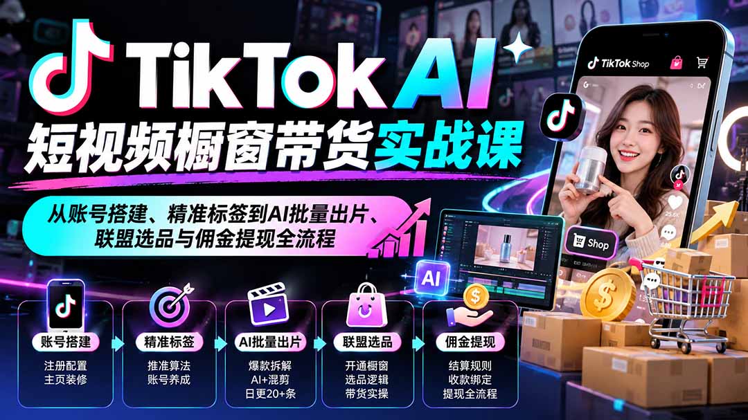 TikTok AI短视频橱窗带货实战课:从账号搭建、精准标签到AI批量出片、联盟选品与佣金提现全流程-宣源知识学堂