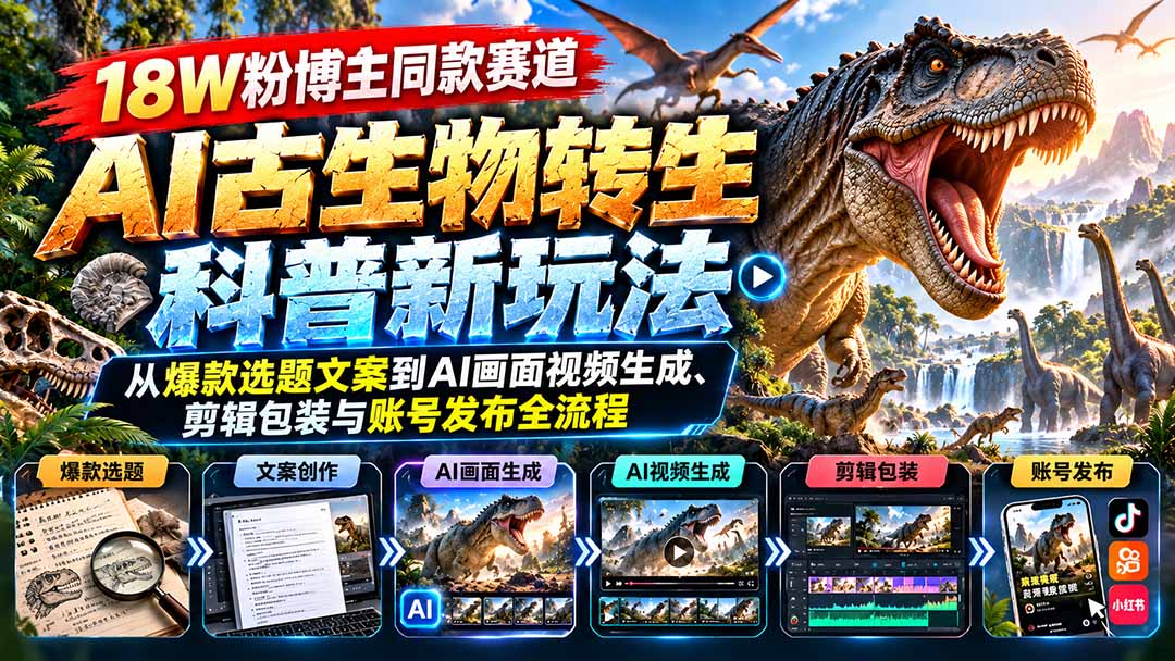 18W粉博主同款赛道-AI古生物转生科普新玩法：从爆款选题文案到AI画面视频生成、剪辑包装与账号发布全流程-宣源知识学堂