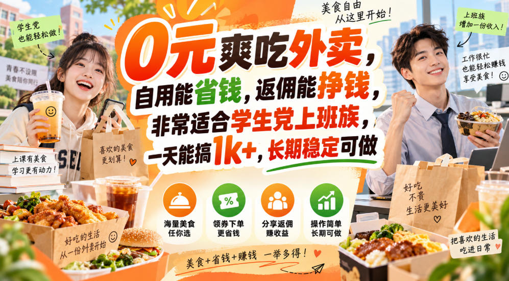 0元爽吃外卖，自用能省钱，返佣能挣钱，非常适合学生党上班族，一天能搞1k+，长期稳定可做-宣源知识学堂