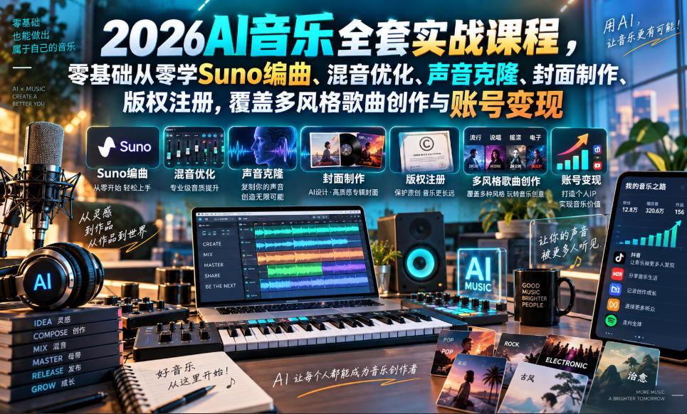 2026AI音乐实战课程，零基础从零学Suno编曲、混音优化、声音克隆、版权注册，覆盖多风格歌曲创作与账号变现-宣源知识学堂